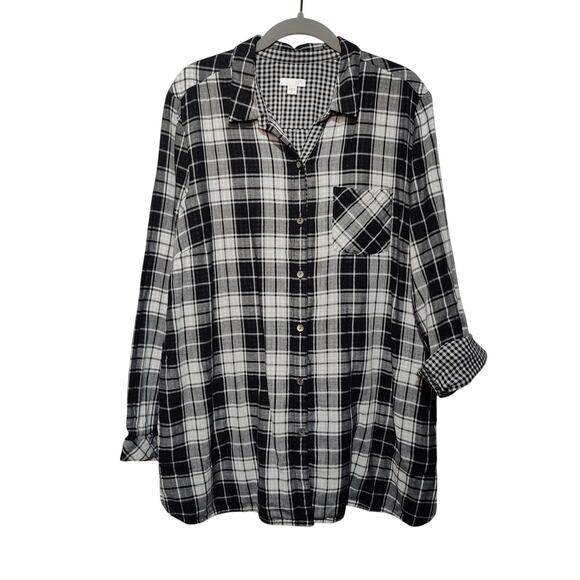 J. Jill Women's Sz XL Black White Plaid Check Button Up Shirt Contrast Cuff - Picture 1 of 5
